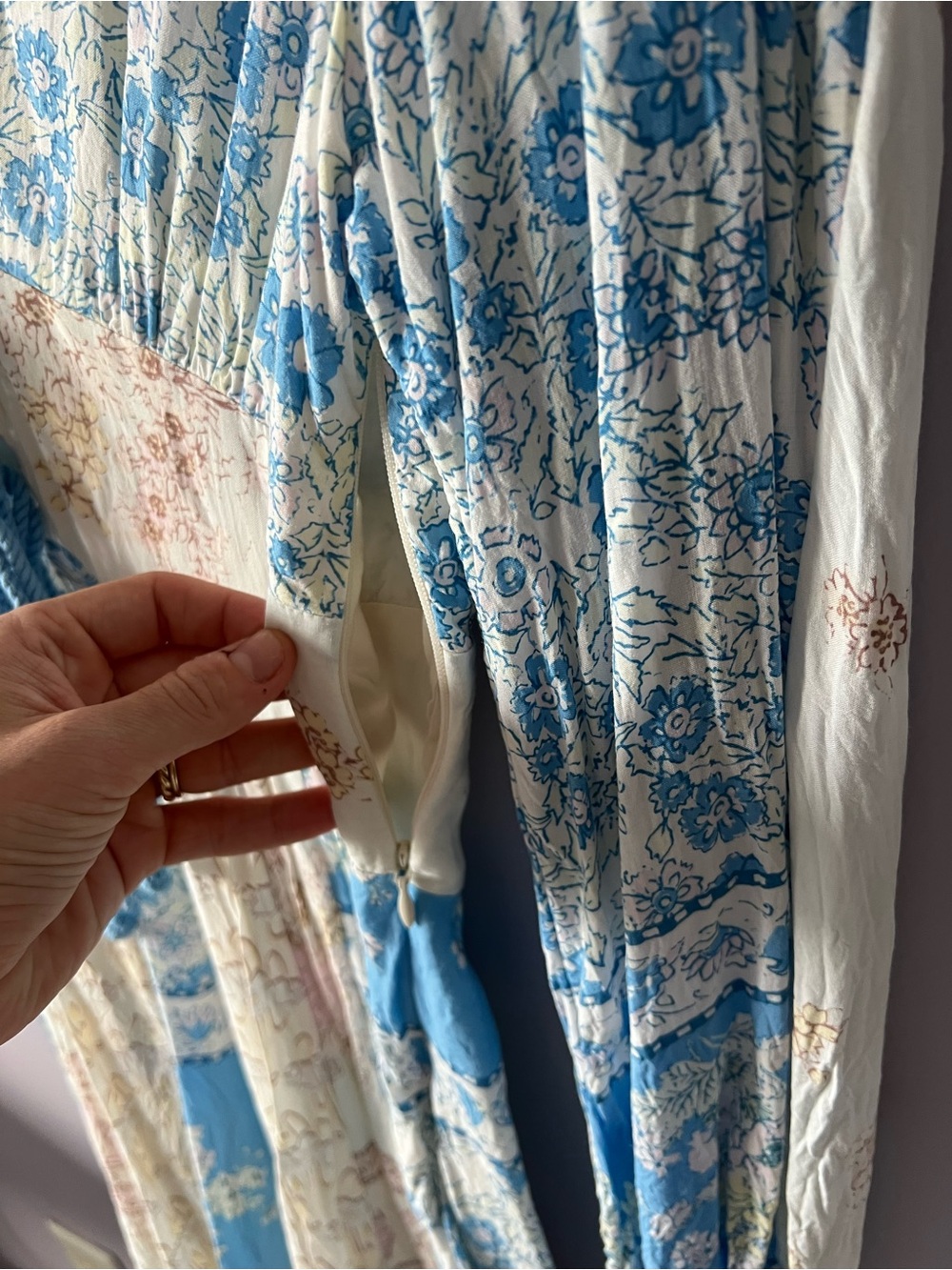 Free People Blue and Cream Floral Long Sleeve Mini Dress - Picture 5 of 9